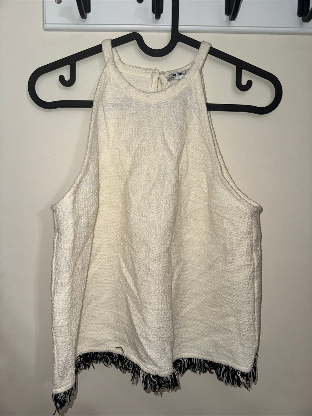 Zara Cream Textured Halter Tank with Fringed Hem
